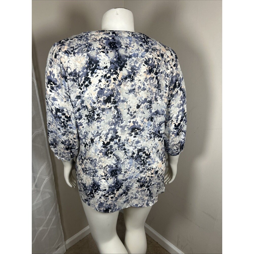 Rose Olive Blouse 2X Blue Abstract Floral Classic Casual Workwear Office Career - Picture 9 of 13